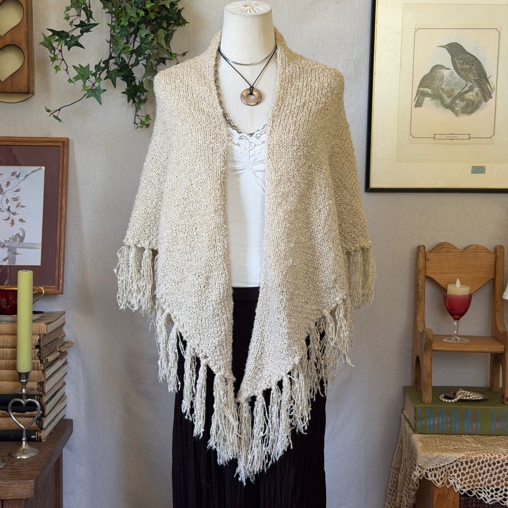 Beige Fringe Trim Knit Shawl Wrap Boho Vintage OS Layering Cozy Fall Scarf